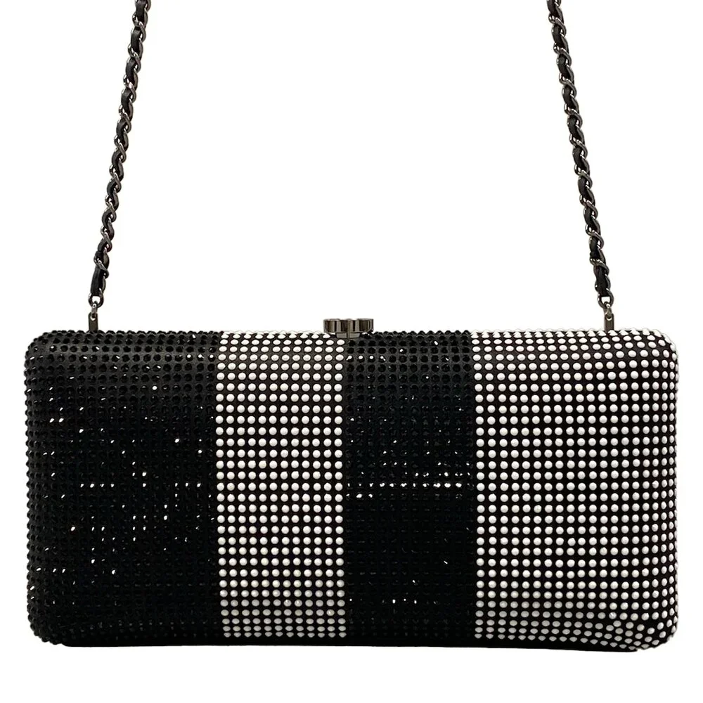 Chanel Shoulder Bag Black White Leather Rhinestones